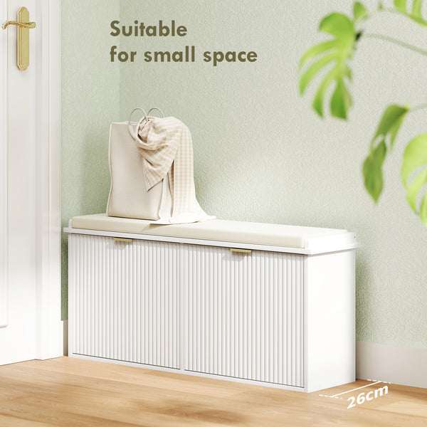 Hallway bench with upholstered seat and drop-down drawers, white