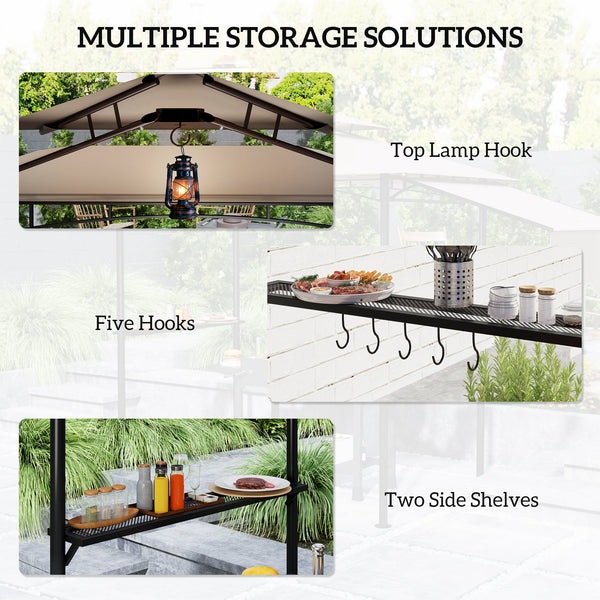 Two-tier barbecue gazebo with side awning, 2 side shelves and 6 hooks