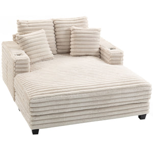 Large corduroy reading sofa with cup holders and cushions, sofa bed for living room, beige 