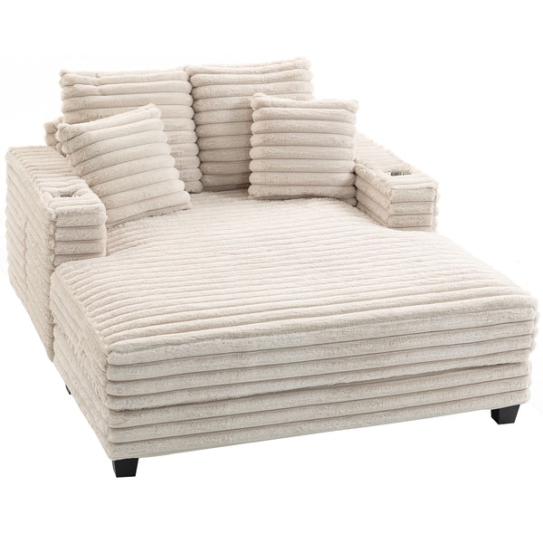 Large corduroy reading sofa with cup holders and cushions, sofa bed for living room, beige 