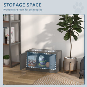 Elevated dog bowls with stand and storage, grey