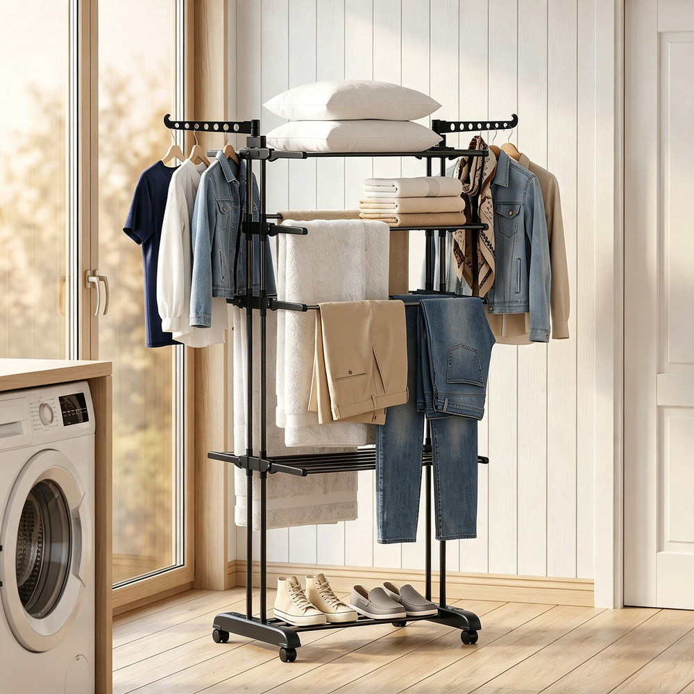 5-tier foldable clothes drying rack on wheels, black