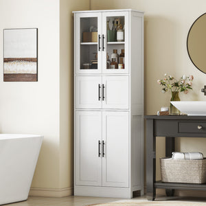 Bathroom storage cabinet with glass doors and adjustable shelves, white