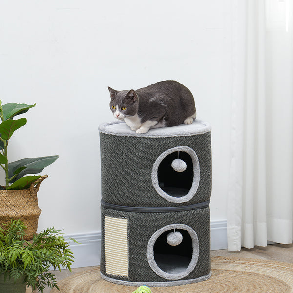Two-story cat tree with perch, two hiding places, scratching post, cushions, play balls, dark gray