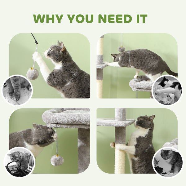 Cat tree with scratching posts, niche, beds, platforms and play balls, light grey