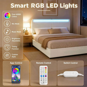Queen Size Bed Frame with Charging Station, LED Lighting, Adjustable Headboard, White