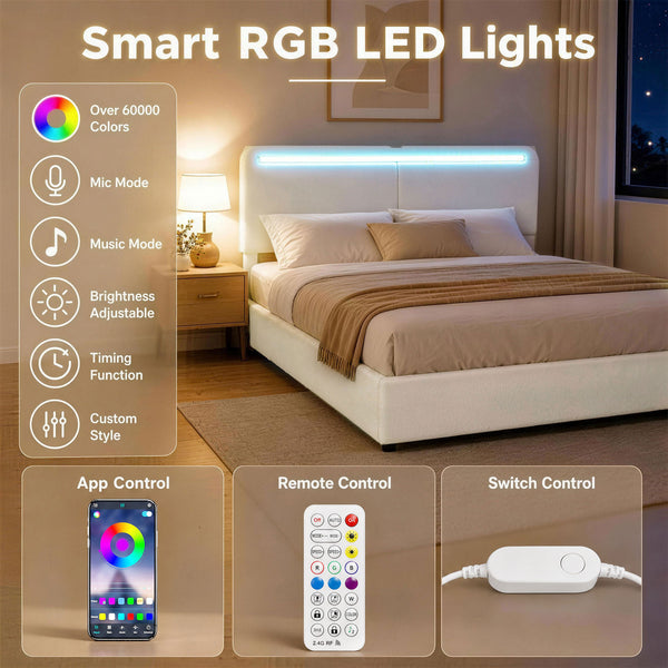 Queen Size Bed Frame with Charging Station, LED Lighting, Adjustable Headboard, White