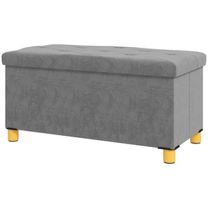 Velvet Upholstered Storage Bench with Wooden Legs, Grey