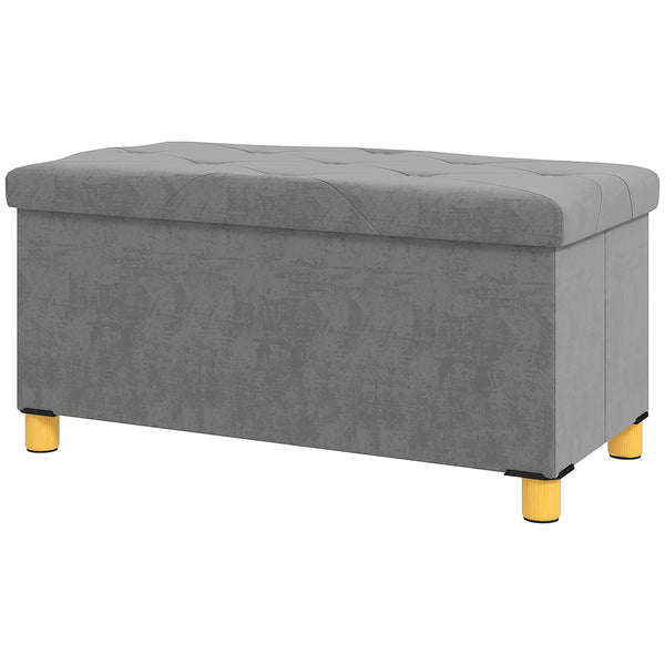 Velvet Upholstered Storage Bench with Wooden Legs, Grey