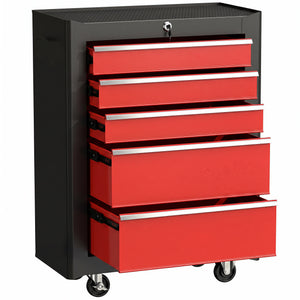 Mobile steel tool chest with 5 lockable drawers and casters – Black and red