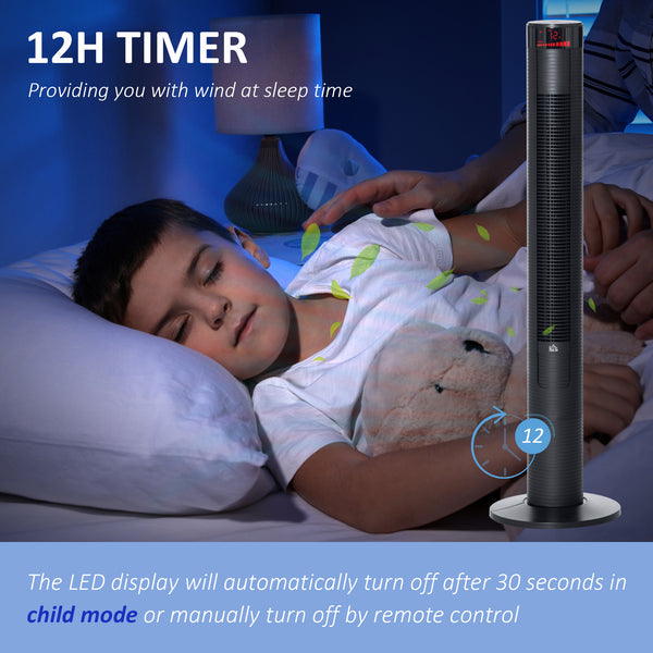 Freestanding tower fan with 3 speeds, 12-hour timer, oscillating, LED panel, remote control, black