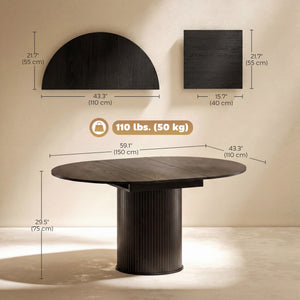 Extendable kitchen table for 6 to 8 people, farmhouse style, with a pedestal base and black wood finish.