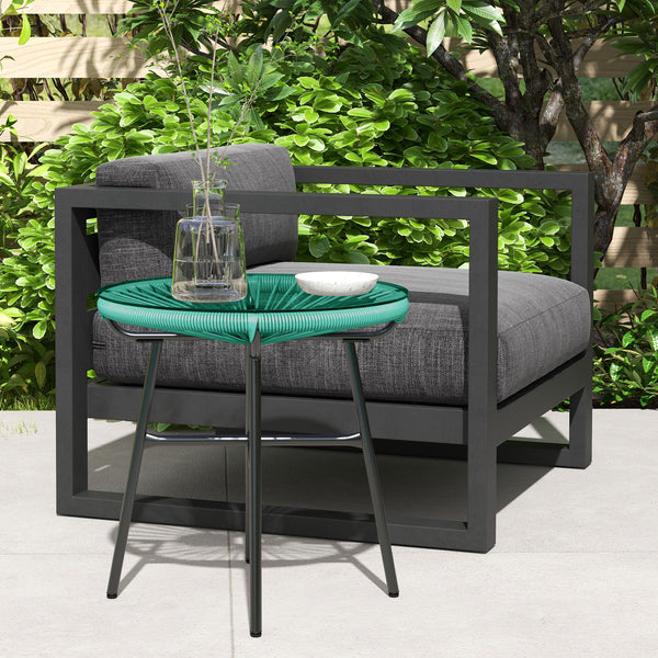 Rattan Side Table, Round Outdoor Table, with Round PE Rattan and Tempered Glass Table Top for Patio, Garden, Light Green