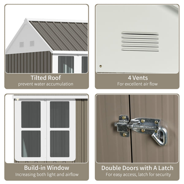 Metal garden shed with lockable door, ventilation, sloping roof, light grey