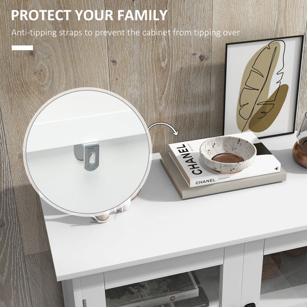 Modern sideboard with glass doors, 4-tier shelves, white