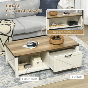 Industrial coffee table with drawer and storage shelf, white and wood effect