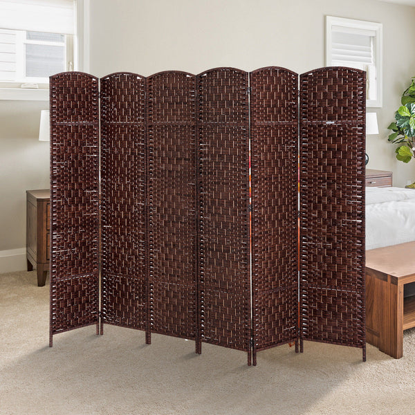 6-Panel Folding Room Divider with Wooden Frame, Brown