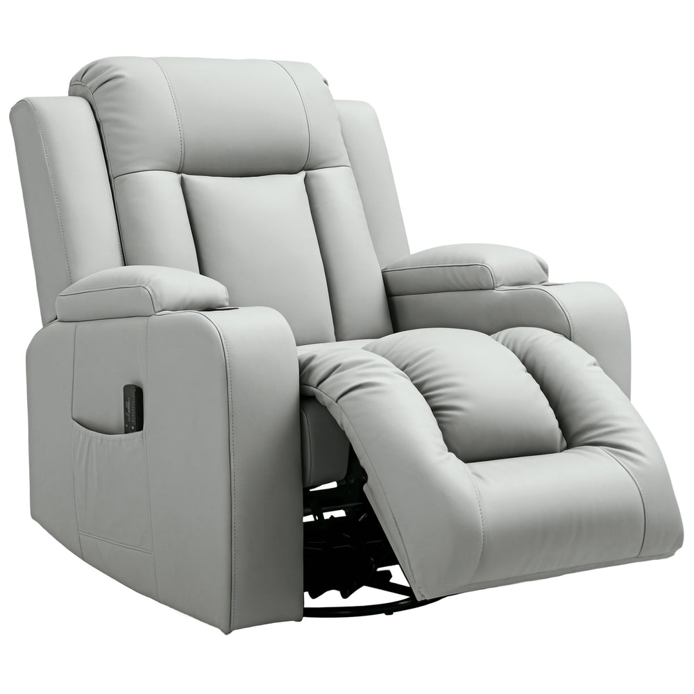 Fauteuil inclinable rembourré en cuir PU gris clair avec 8 points de vibration pour massage, assise large, porte-gobelets intégrés et fonction bascule, idéal pour salon ou coin détente