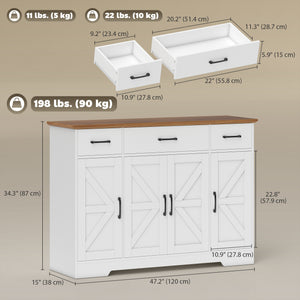 47" Buffet with Soft-Close Hinges, Country Style, with 3 Drawers, Adjustable Shelves, and Spice Rack, White