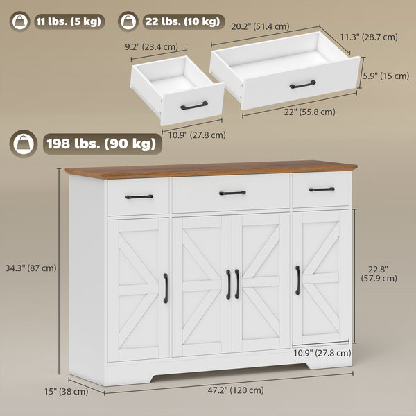 47" Buffet with Soft-Close Hinges, Country Style, with 3 Drawers, Adjustable Shelves, and Spice Rack, White