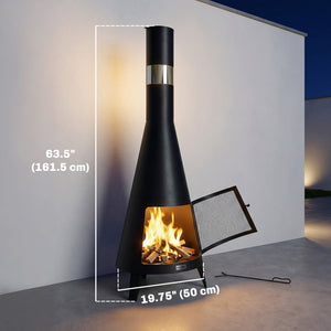 Outdoor wood-burning fire pit with chimney, poker, and spark screen, black