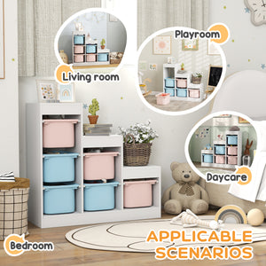 3-Tier Storage Shelf with 6 Plastic Bins, Blue and Pink