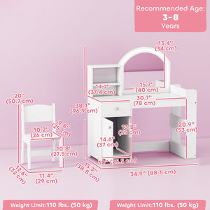 Dressing table and chair with illuminated mirror, wardrobe, drawer and shelves, white