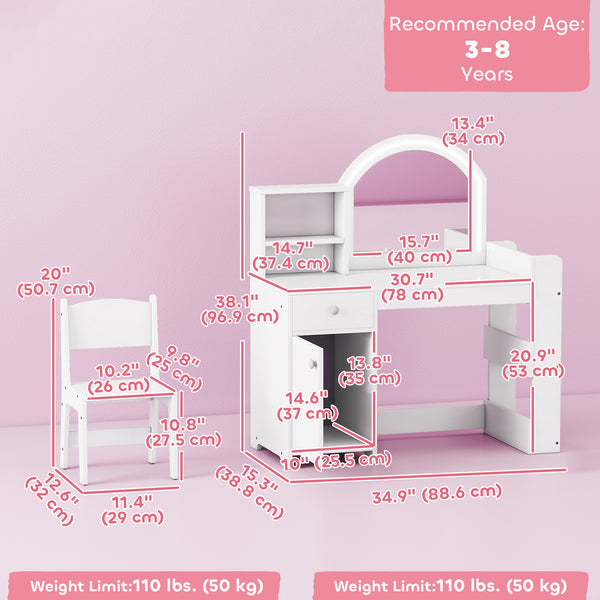 Dressing table and chair with illuminated mirror, wardrobe, drawer and shelves, white