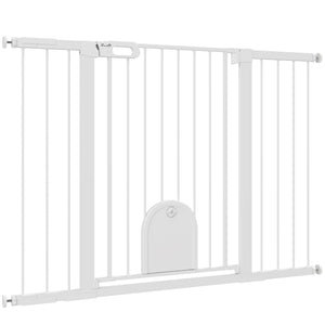 Extra Wide Pet Gate 30-52" with Small Door, Pressure Mount for Stairs, White