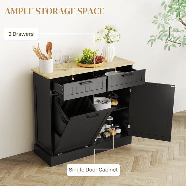 Tilt-out hidden trash can cabinet with 2 drawers, black