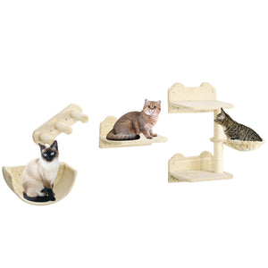 Wall-mounted cat shelves including a hammock and a scratching post, beige.