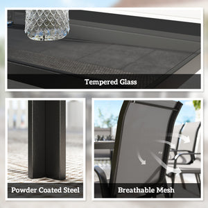 9-piece patio set with stackable chairs and glass tabletop for garden, patio, or yard, dark grey 