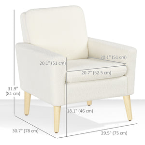 Modern upholstered armchair with wooden legs and wide padded seat, cream white