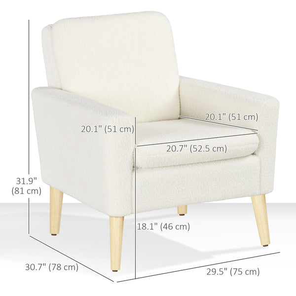 Modern upholstered armchair with wooden legs and wide padded seat, cream white