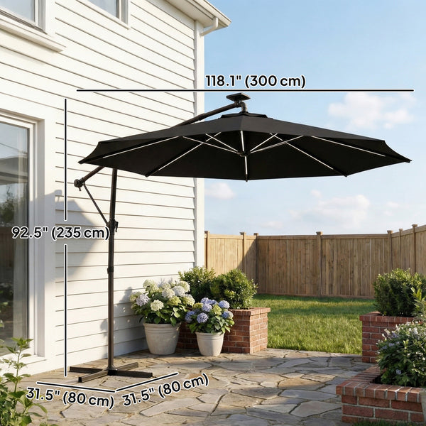 3m Cantilever Parasol with Solar Lighting, 360° Rotation, Tilt and Protective Cover, Black