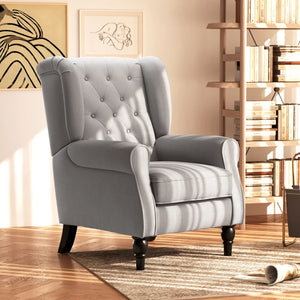 Modern fabric upholstered accent chair with wooden legs and rolled arms, gray
