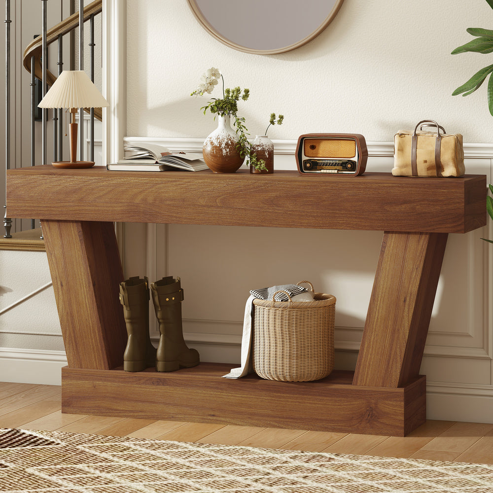 Vintage console table with open shelf for living room, dark brown