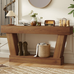 Vintage console table with open shelf for living room, dark brown