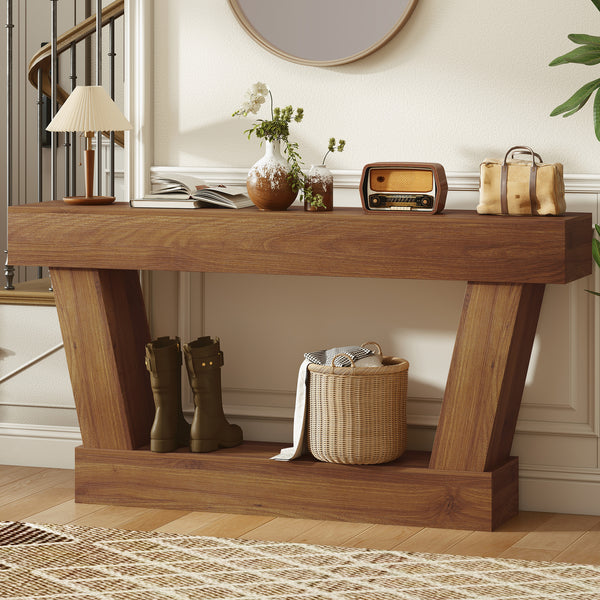 Vintage console table with open shelf for living room, dark brown