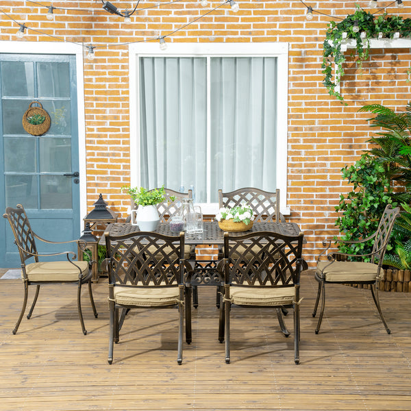 7 Piece Cast Iron Garden Dining Set with 6 Upholstered Chairs and Rectangular Dining Table, Khaki