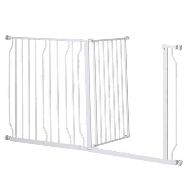 White pet gate with door and double locking system