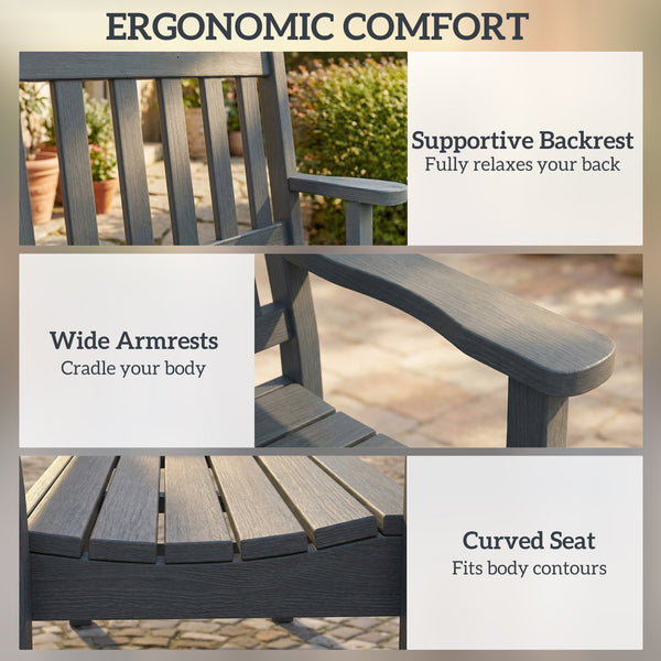 Weather-resistant outdoor bench made of HDPE, slatted seat for 2 people