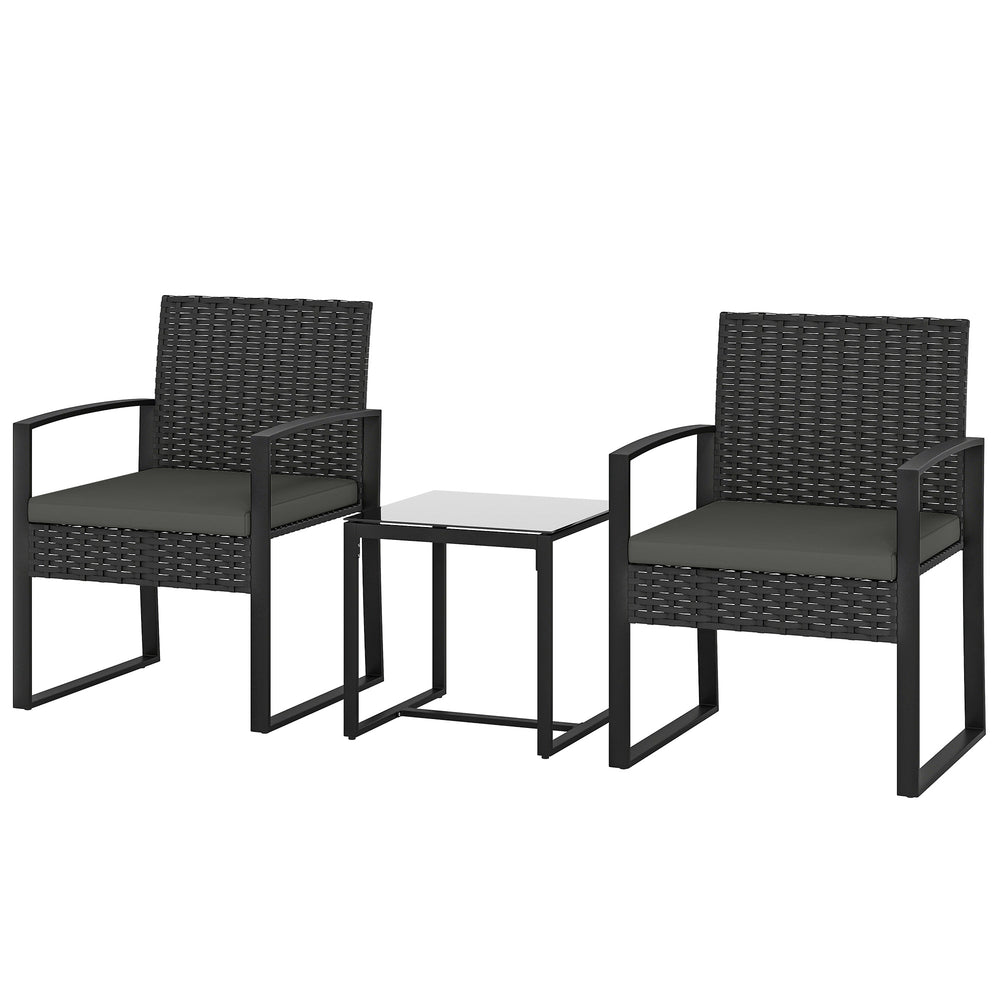 Outdoor Bistro Set, 3 Piece Wicker Patio Furniture Set with Glass Top Table and Cushions for Porch, Balcony, Dark Grey