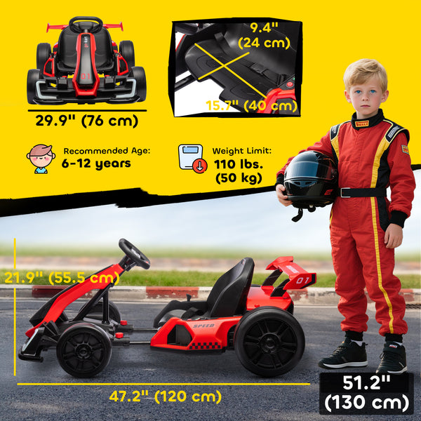 24V Electric Go-Kart with Adjustable Seat and Safety Belt, Red