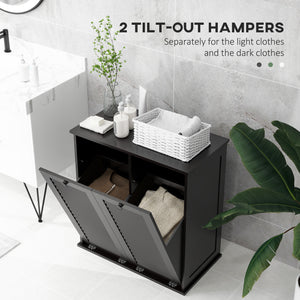 Tilting laundry basket cabinet with 2 baskets and 2 louvered doors, black