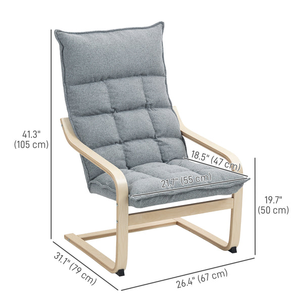 Modern upholstered armchair with curved legs and armrests, light grey