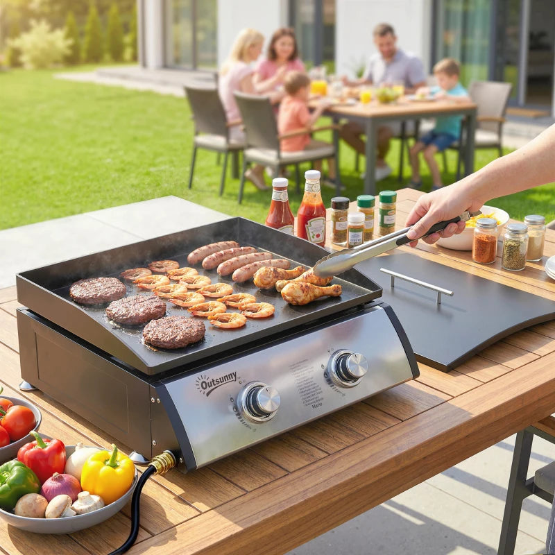 2-burner liquid propane gas barbecue, portable and tabletop, ideal for camping and picnics, silver.