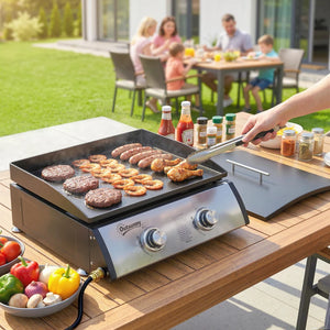 2-burner liquid propane gas barbecue, portable and tabletop, ideal for camping and picnics, silver.