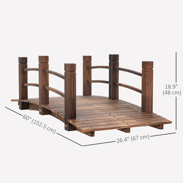 Wooden garden bridge with decorative side railings, stained wood
