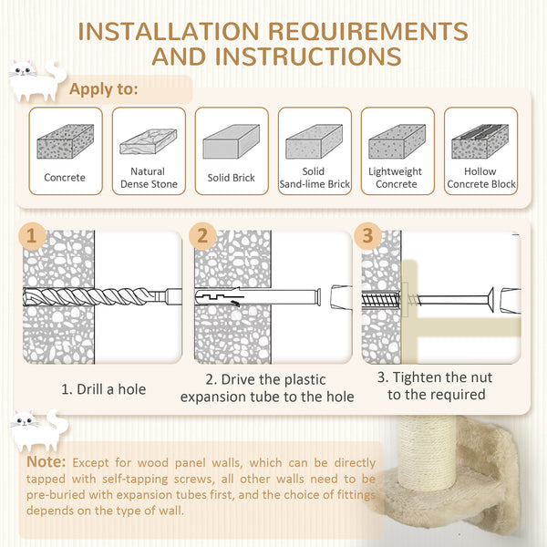 Wall-mounted cat tree with scratching post, ladder, perches and cloud-shaped shelves, beige